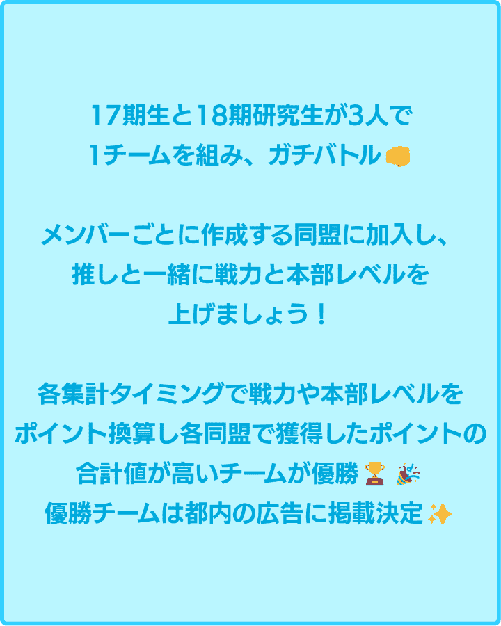 17期生と18期研究生が3人で1チームを組み、ガチバトル！メンバーごとに作成する同盟に加入し、推しと一緒に戦力と本部レベルを上げましょう！各集計タイミングで戦力や本部レベルをポイント換算し各同盟で獲得したポイントの合計値が高いチームが勝利！優勝チームは都内の広告に掲載決定！